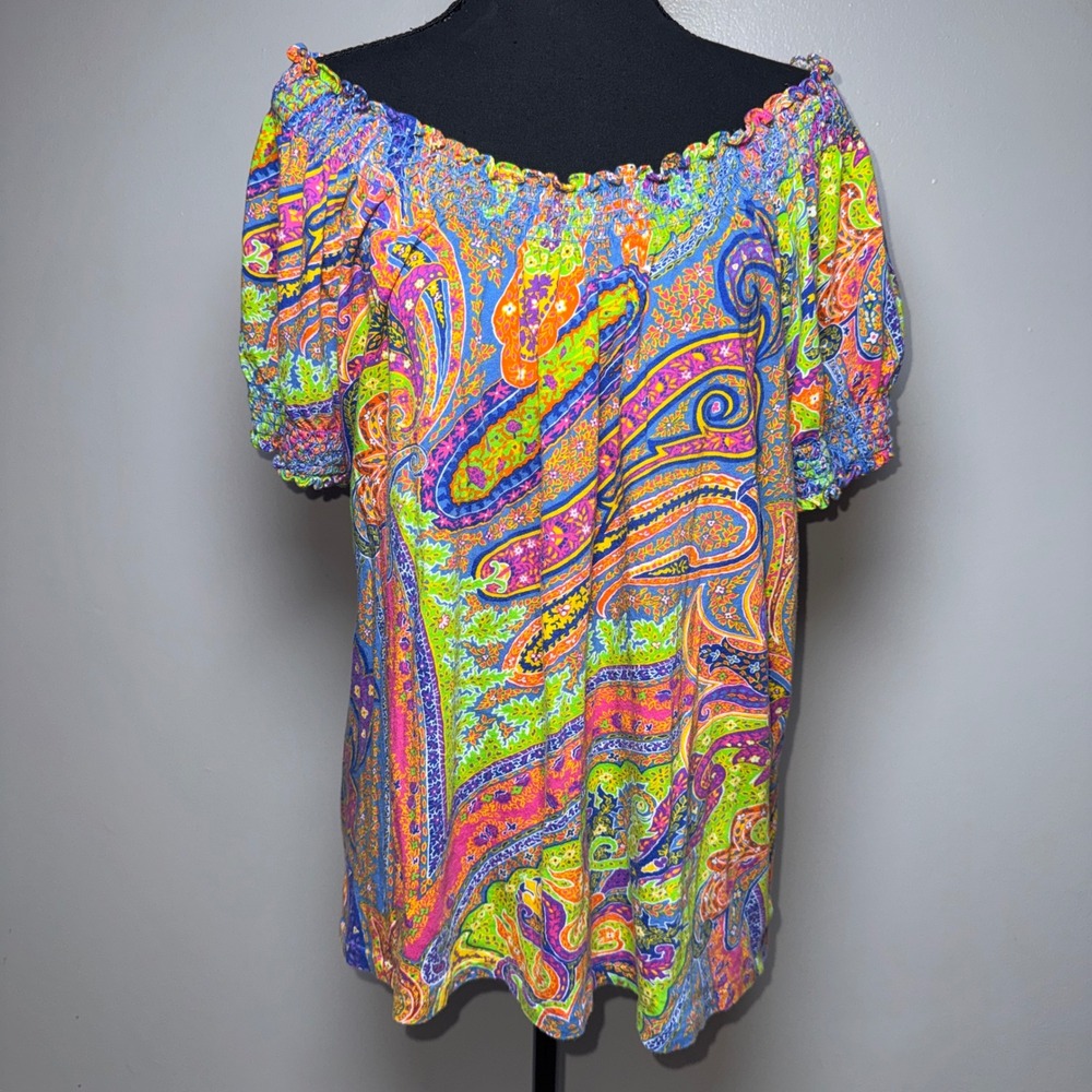 Lauren Ralph Lauren 2X Paisley Peasant Blouse Smocked Off Shoulder Cotton Top